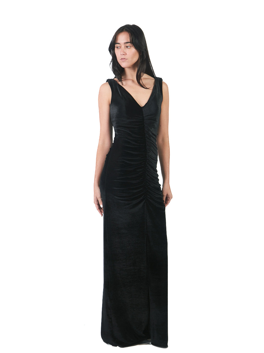Vestido Largo Manga Cero Con Escote V Y Corrugado NEGRO