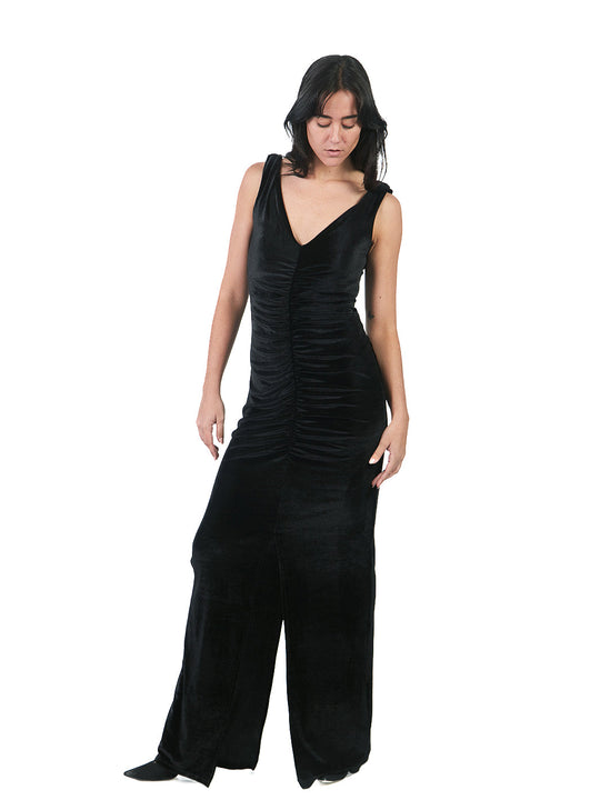 Vestido Largo Manga Cero Con Escote V Y Corrugado NEGRO