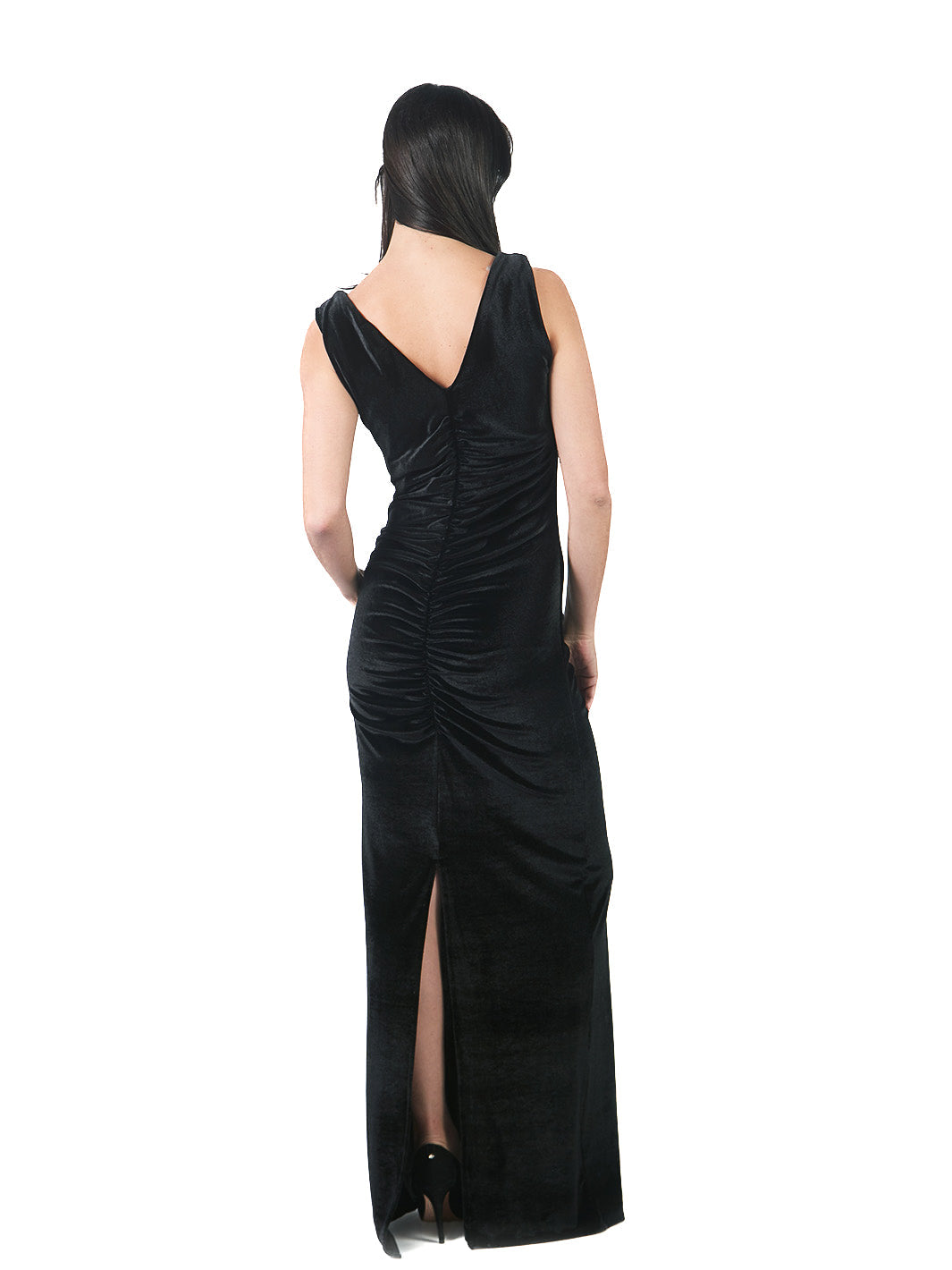 Vestido Largo Manga Cero Con Escote V Y Corrugado NEGRO