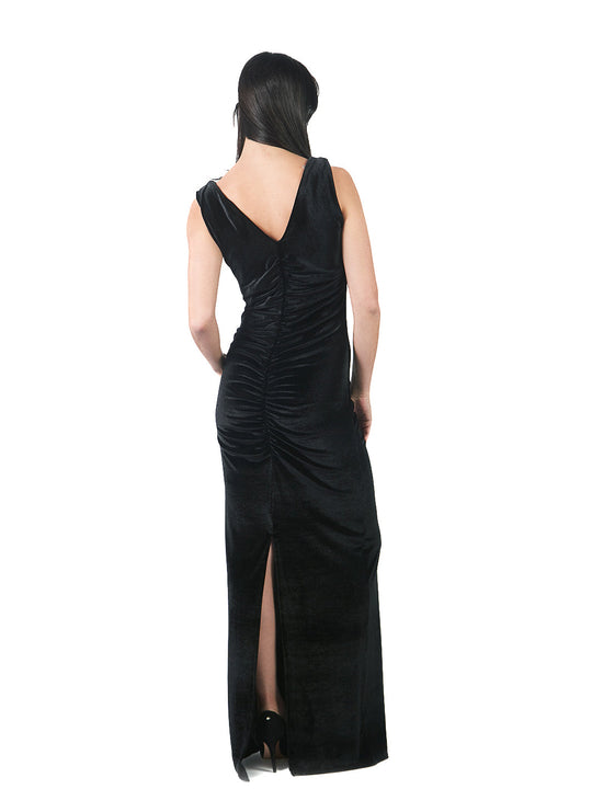 Vestido Largo Manga Cero Con Escote V Y Corrugado NEGRO